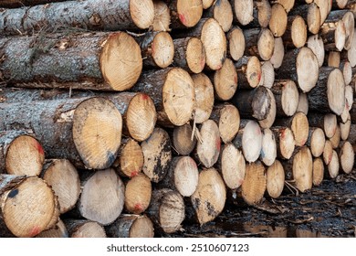 Log trunks pile, the logging timber forest wood industry. Log spruce trunks pile. Sawn trees from the forest. Logging timber wood industry.