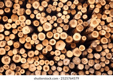 Log trunks pile sawn trees, cut trees along prepared for removal. Wood logs outdoors background stack in industrial plywood factory full frame. Logging timber wood industry concept. Copy ad text space