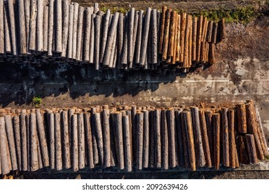 Log Trunks Pile Trees, Logging Timber Wood Industry Concept. Aerial Top View.