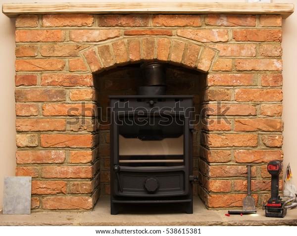 Logburner Installation Process Fitting Woodburner Into Stock Photo