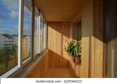 The Loggia (balcony) Of The City House Is Covered With Light Wooden Slats. On The Loggia There Is A Device For Drying Clothes And A Pot With A Large Home Plant.