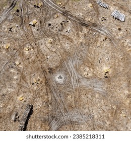 Logging place, aerial view. Devastated land. Felled forest.