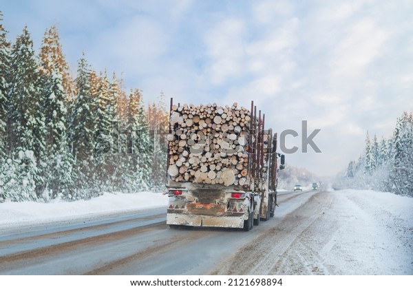 A\
logging truck carries lumber along a winter\
highway.
