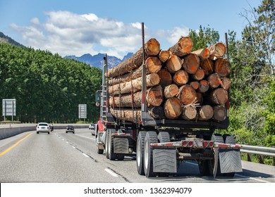 Logging Truck With Heavy Load Traveling Fast On Highway