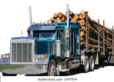 Logging Truck On Highway Near		Skohegan	Maine Isolated On White.