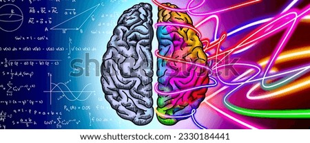 Logic and creativity. Illustration of brain hemispheres, banner design. Different formulas and bright neon lines on background