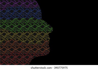 A logical thinking silhouette using electrifying circuit board lines in rainbow colors and black copy space to the right. High tech and bold this horizontal format could be used for many modern ideas.