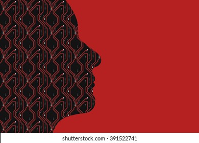 A logical thinking silhouette using electrifying circuit board lines in red and red copy space to the right. High tech and bold this horizontal format could be used for many modern ideas.
