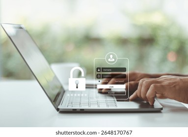 Login authentication, cybersecurity concept with user entering password on laptop for secure access to online account, private information, multi-factor authentication, and data protection. Cyberspace