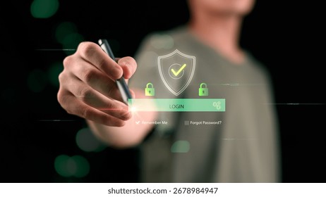 Login authentication, secure access interface, and identity verification in a futuristic digital environment. Perfect for cybersecurity visuals, user experience concepts, access control system UI.