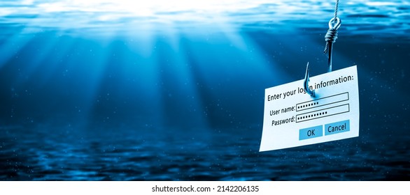Login Information Attached To Large Hook Under Water With Sunlight - Phishing Concept