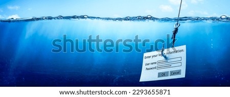 Login Information Attached To Large Hook In Clear Blue Water - Phishing Scam Concept