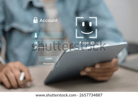 Login interface with Face ID on tablet for account access and identity verification. Concept of digital security.