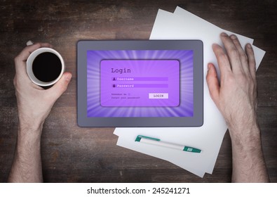 Login interface on tablet - username and password, purple
