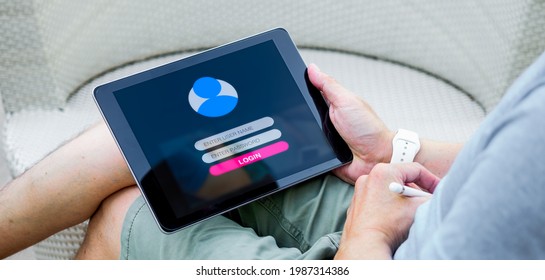 Login interface on touch screen and information security technology in cyberspace. Man sign in on virtual digital display