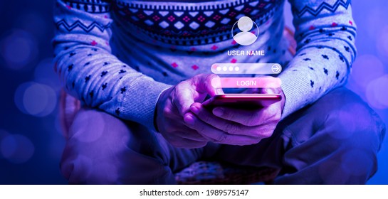 Login interface on touch screen and information security technology in cyberspace. Man sign in on virtual digital display