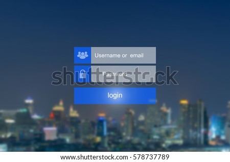 Login interface on touch screen. Touching login box, username and password inputs on virtual digital display on cityscape blurred background.