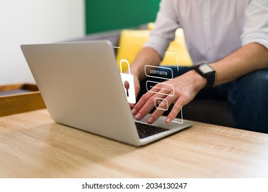 Login Into My Online Account. Adult Man Typing On The Laptop His Username And Password 