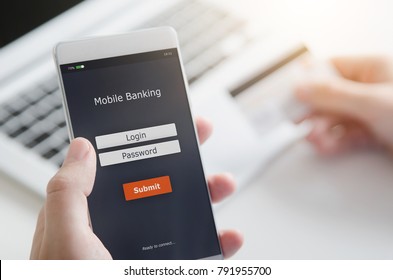 Login To Mobile Banking Account On Smart Phone. Making Payment By Mobile Application.