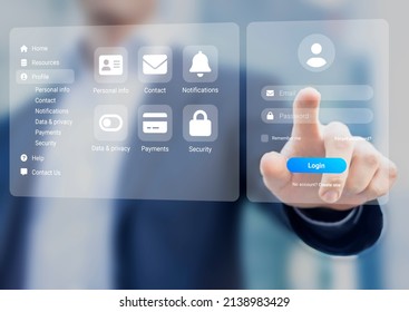Login page with password to access online profile account. Secured connection and personal data security on internet. Cybersecurity and sign in form. User touching virtual screen. - Shutterstock ID 2138983429