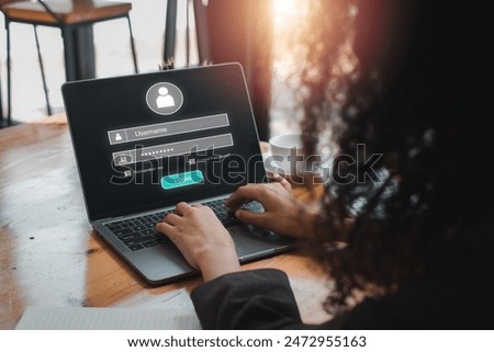 Login and password concept, Businesswoman using laptop computer on desk with login and password icon on virtual screen, cyber security, data protection and secured internet access, cybersecurity
