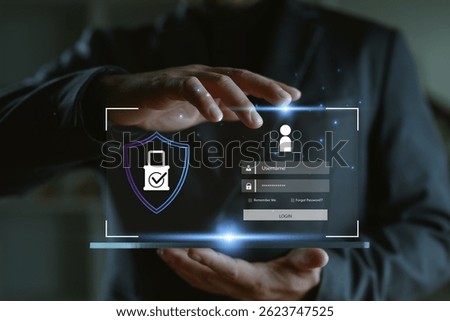 Login security interface with username and password protection, showing shield icon and authentication concept, representing data privacy, access control, and cybersecurity technology.