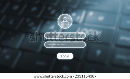 Login UI (User Interface) on top of a laptop keyboard background, technology concept for cyber security and data protection, user authentication and access in digital platforms, username and password