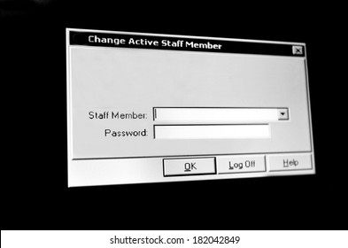 Login Window Of Medical Staff Member Isolated On Black Computer Screen Background.Concept Photo Of Criminal Identity Theft And Information.No People. Copy Space