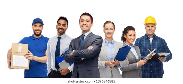 logistic business, delivery service and people concept - happy international office and manual workers over white background