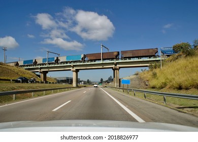 Logistic freight train over the bridge.                  