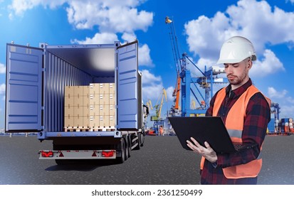 Logistic man. Truck with boxes in port. Harbor area logistics manager. Dispatcher transport company with laptop. Seaport worker supervises unloading. Truck near port cranes. Man working logistic