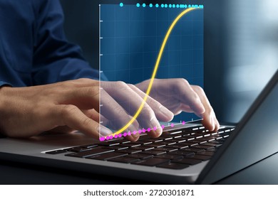 Logistic regression analysis and chart. Predicting trends with historical business data. Businessman analyzing marketing effectiveness on laptop computer.