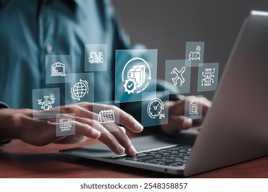 Logistic and transport concept, Businessman using laptop with supply chain technology for logistic management, organizing and controlling resources to meet the needs of customers.