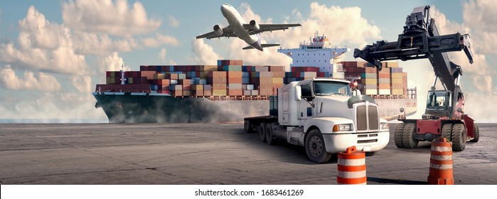 Logistic and transport concept in front Industrial Container Cargo freight ship for Concept of fast or instant shipping and  online goods orders