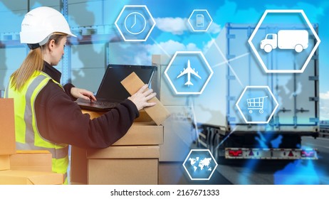 Logistic Woman. Logician Female With Laptop And Boxes. Logistics Technologies. Truck And Warehouse Behind Logistician. Woman Is Sending Goods By Truck. Concept- Choice Trucking Company