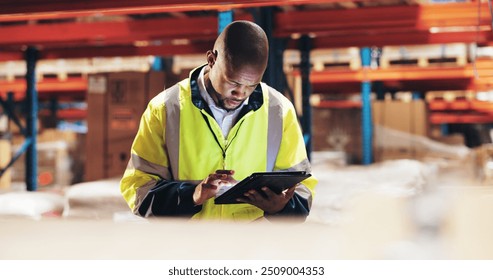 Logistics, black man and tablet in warehouse for checklist, inventory check and stock management. Supply chain, employee or supervisor with digital for shipping orders, quality control and inspection - Powered by Shutterstock