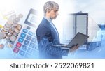 Logistics business. Man owner of truck company. Businessman with laptop. Cargo van is driving along road. Calculator near logistician. Calculation of logistics costs. Man business truck dispatcher