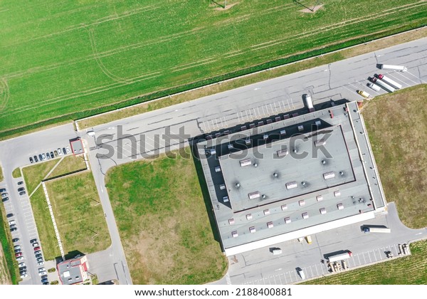 logistics center from above. aerial view of goods\
warehouse. drone point\
view.
