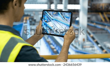 Logistics Center Worker Using Tablet Computer with Augmented Reality Software Controlling Parcel Delivery on a Conveyor Belt. International Online Shopping Business Facility with Modern Technology