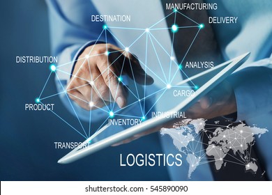 Logistics Concept. Man With Tablet And Business Strategy