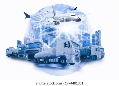 Logistics concept. Multiple exposure of different transports and world globe, toned in blue 