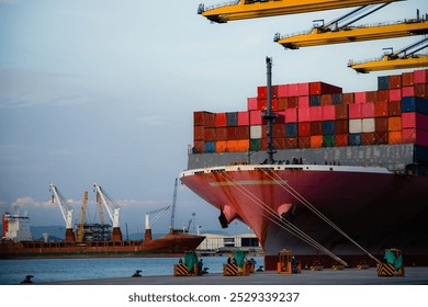 Logistics and container loading by large barges by sea in a harbor full of containers waiting to be transported