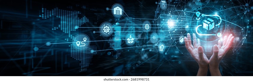 Logistics coordinator holding global network and logistics operations, routing transportation tracking warehousing delivery supply chain automation inventory optimization, and fulfillment.