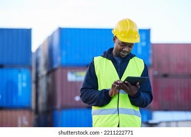 Logistics, Digital Tablet And Black Man In Supply Chain Management At Shipping, Cargo Or Freight Warehouse. Industrial Engineer Worker With Software App For Export, Distribution Or Storage Technology