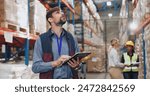 Logistics, distribution and man with tablet in warehouse for stock inspection, inventory check or freight shipping. Export, checklist and employee for delivery, supply chain or quality control
