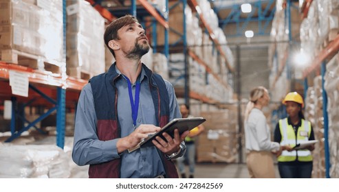 Logistics, distribution and man with tablet in warehouse for stock inspection, inventory check or freight shipping. Export, checklist and employee for delivery, supply chain or quality control - Powered by Shutterstock