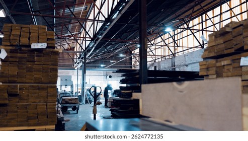 Logistics, empty and stack of wood, warehouse or material for furniture, supply chain or business. Production, shipping and collection of cargo in factory, export or goods for distribution or storage