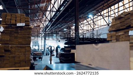 Logistics, empty and stack of wood, warehouse or material for furniture, supply chain or business. Production, shipping and collection of cargo in factory, export or goods for distribution or storage