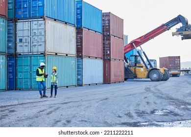 Logistics, forklift and manager and worker at container supply chain, delivery and shipping distribution warehouse. Foreman coaching industry employee on cargo, stock and inventory at port in Dallas - Shutterstock ID 2211222211