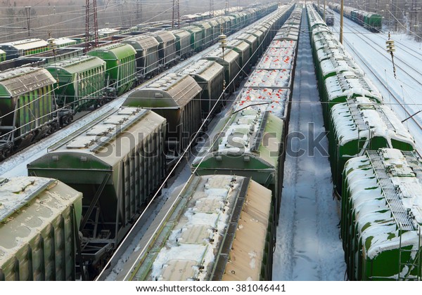 Logistics. Freight transportation. Railroad. Wagons with\
freight train. 